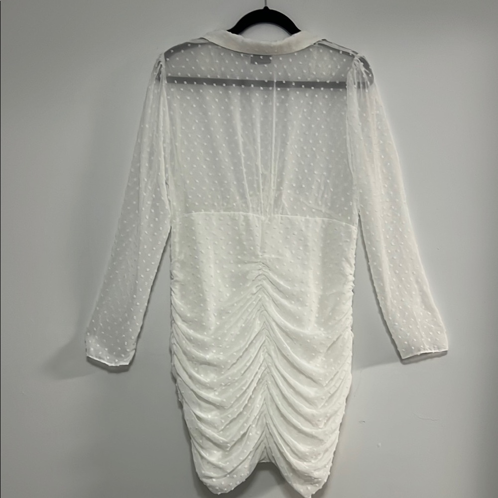 Chic White Ruched Dress with Sheer Sleeves - Picture 8 of 13